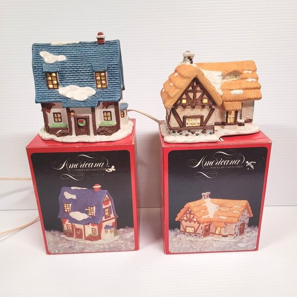 Americana Porcelain Christmas Village Collection Set 2 Lighted 1992 Houses - Picture 1 of 6